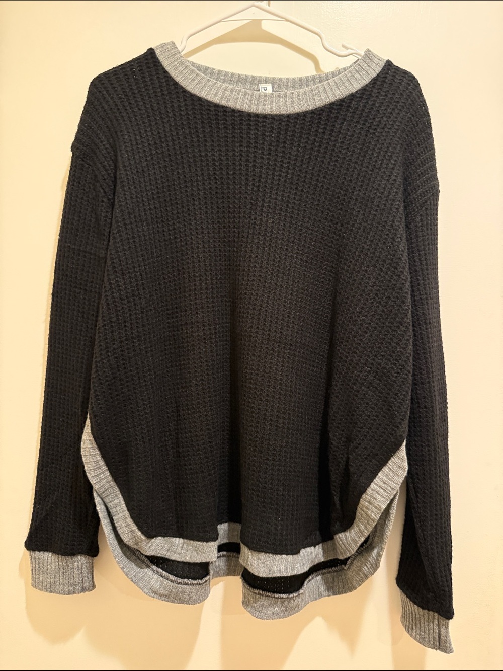 Black Waffle Knit Pullover with Gray Trim